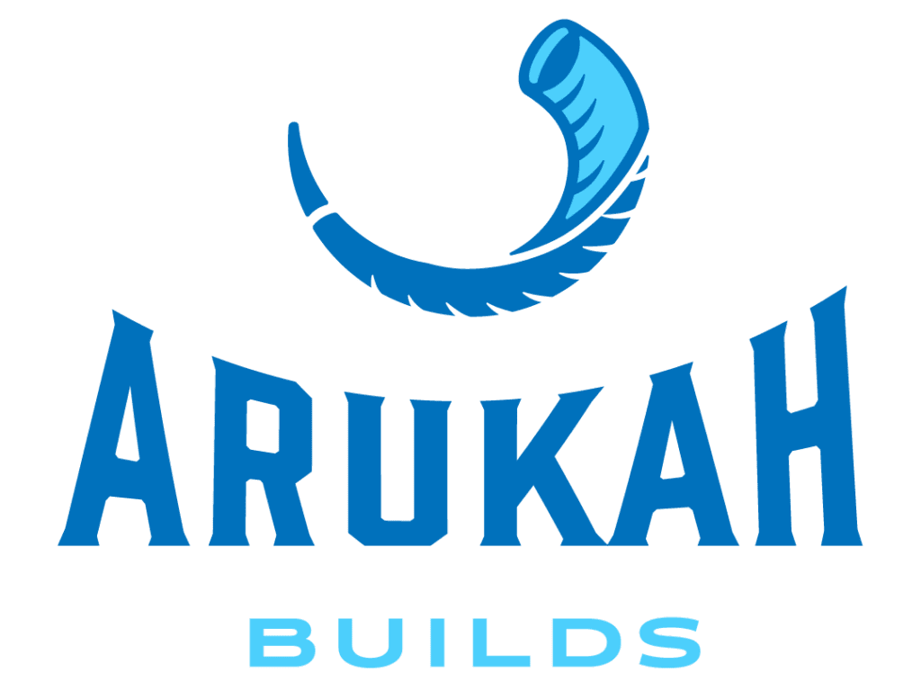 A logo of arukah builds, with the name in blue.