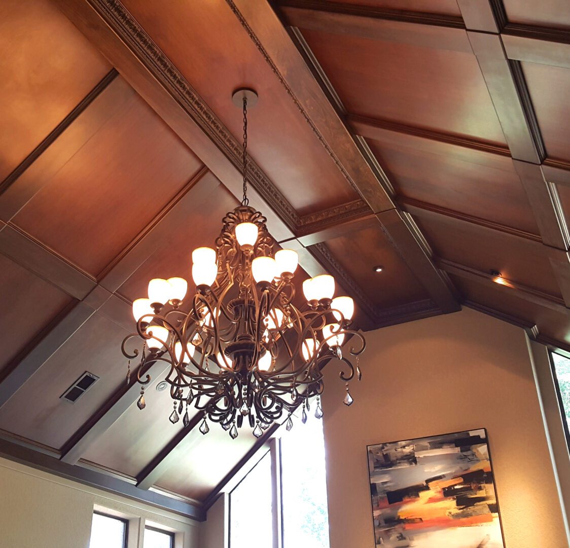 A chandelier in the middle of a room.